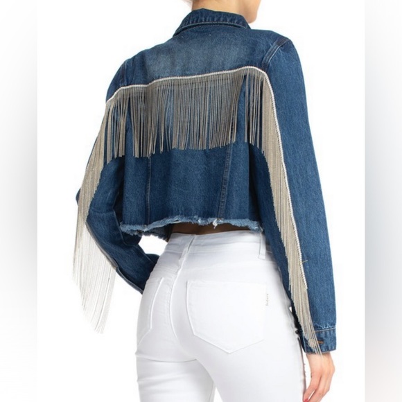 Nature Denim Jackets & Blazers - Nature Denim Chain Fringe Denim Jean Jacket Crop